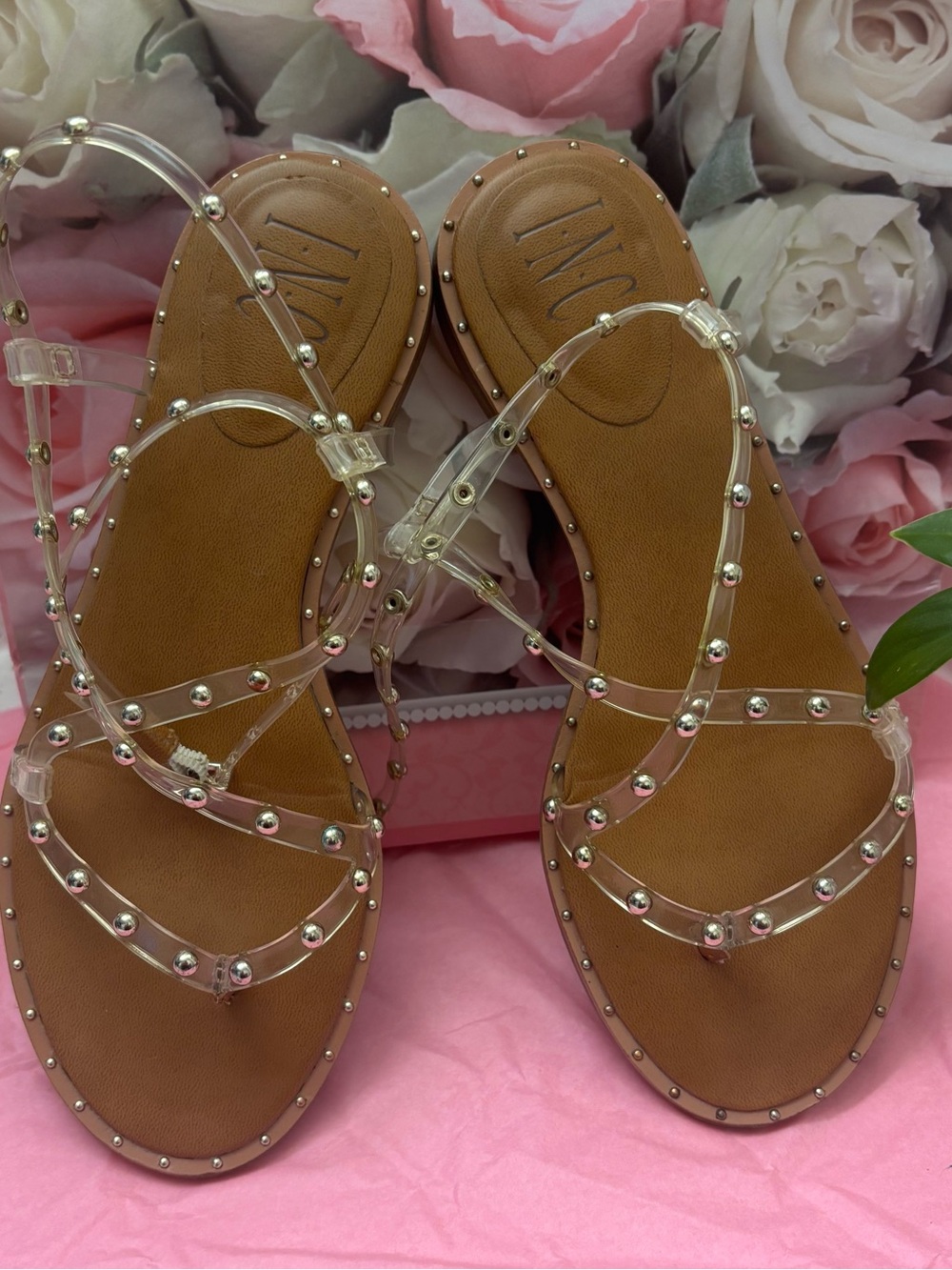 INC International Concepts Clear Studded Sandal with Brown Footbed
